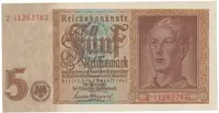 Německo, 5 Reichsmark 1942, 8-místný číslovač, Hej.D1b