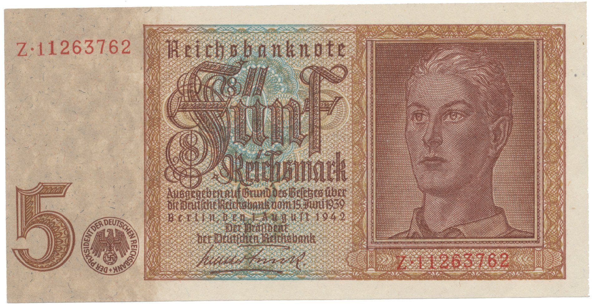 Německo, 5 Reichsmark 1942, 8-místný číslovač, Hej.D1b
