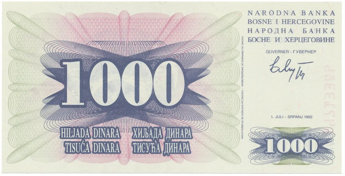 Bosna a Hercegovina, 1000 Dinara 1992, P.15a