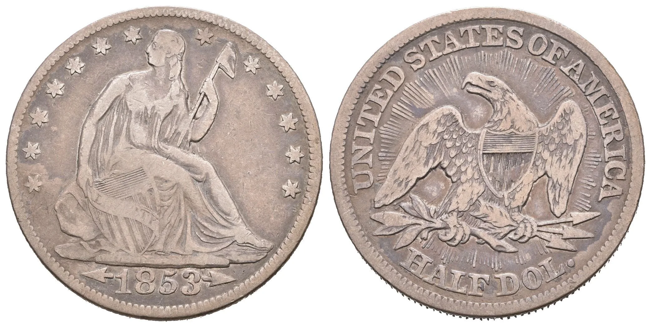 1/2 Dollar 1853, KM.79, tmavá patina, rysky — 1