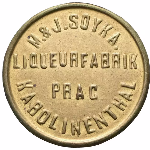 Praha, Karlín - M. & J. Soyha, likérka, reklamní žeton. Ms 35 mm