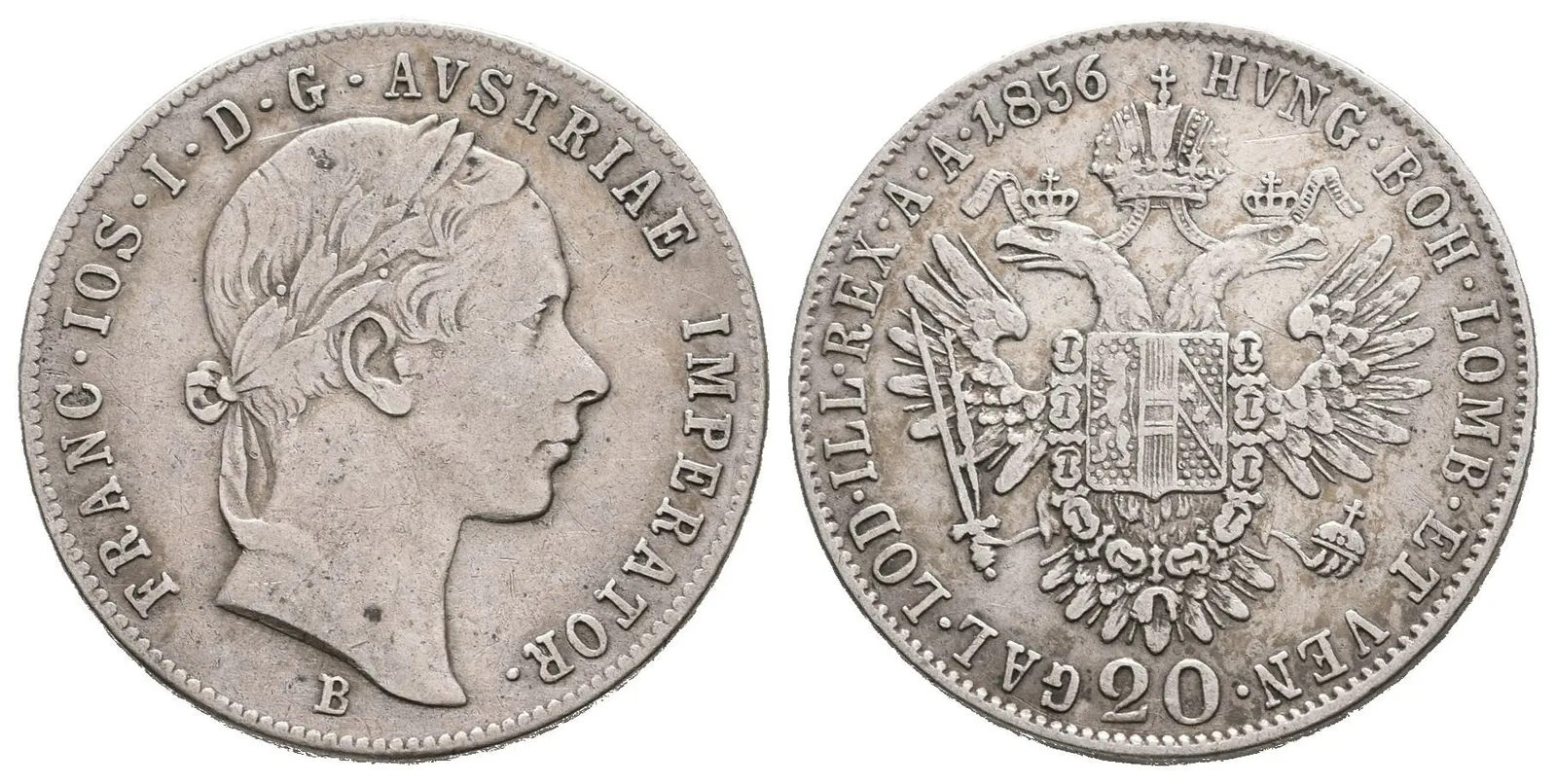 20 Krejcar 1856 B, patina, rysky — 1