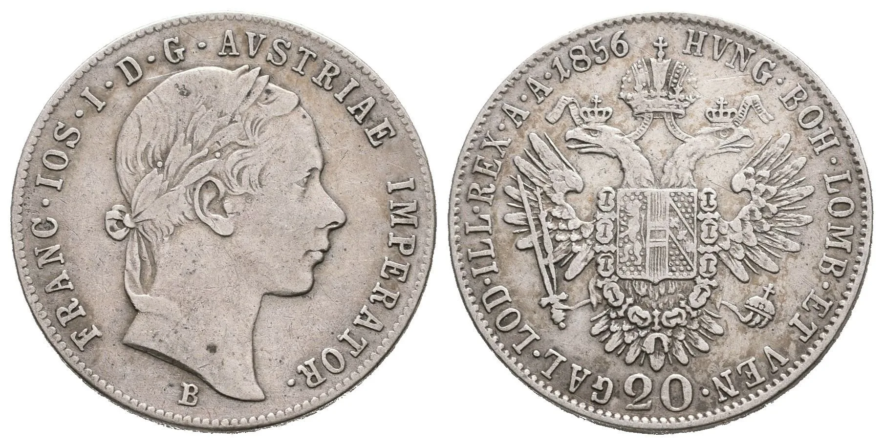 20 Krejcar 1856 B, patina, rysky — 1