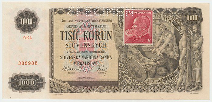 Československo, 1000 Koruna 1940/1945, kolkovaná, perf. 1x SPECIMEN, Hej.65a1.S1
