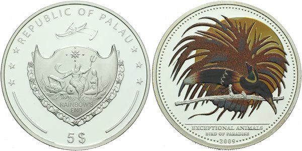 Palau, 5 Dollars 2009 - Exceptional Animals - Páv
