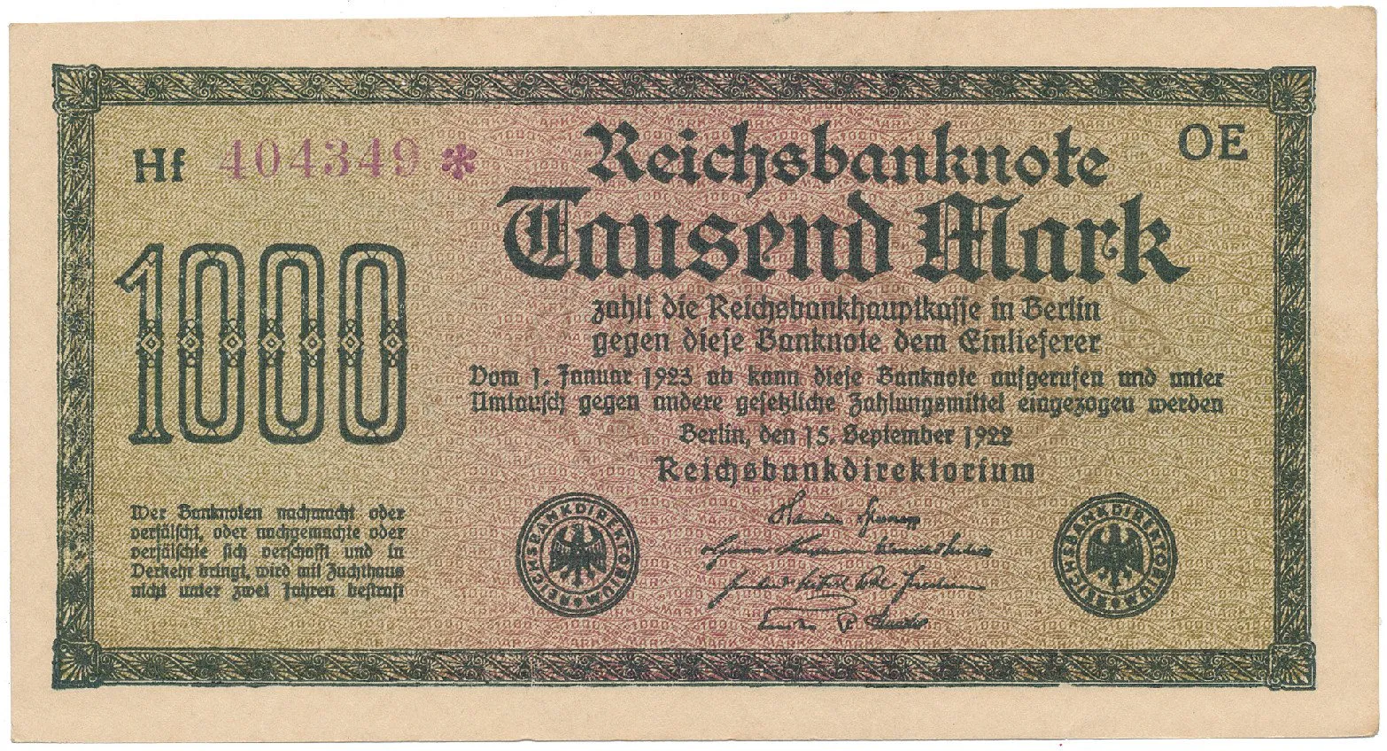 Německo, 1000 Mark 1922, vod. Kreuzblütten, fialové číslo, Ro.75k