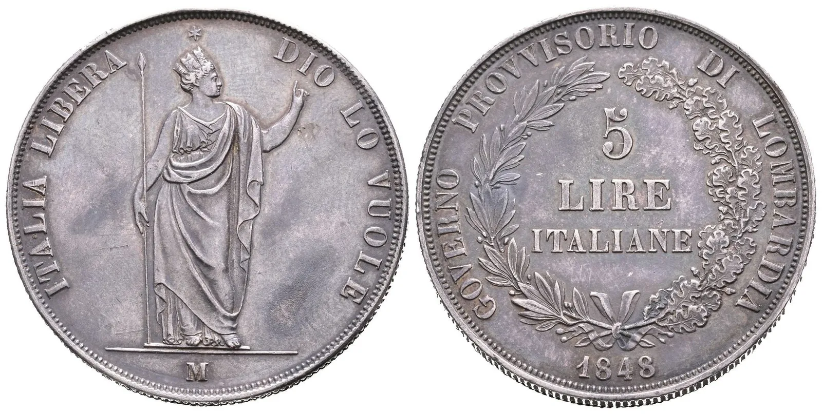 5 Lira 1848 M, Milano, dlouhé konce ratolestí, Ves.12c, KM.22.2, — 1