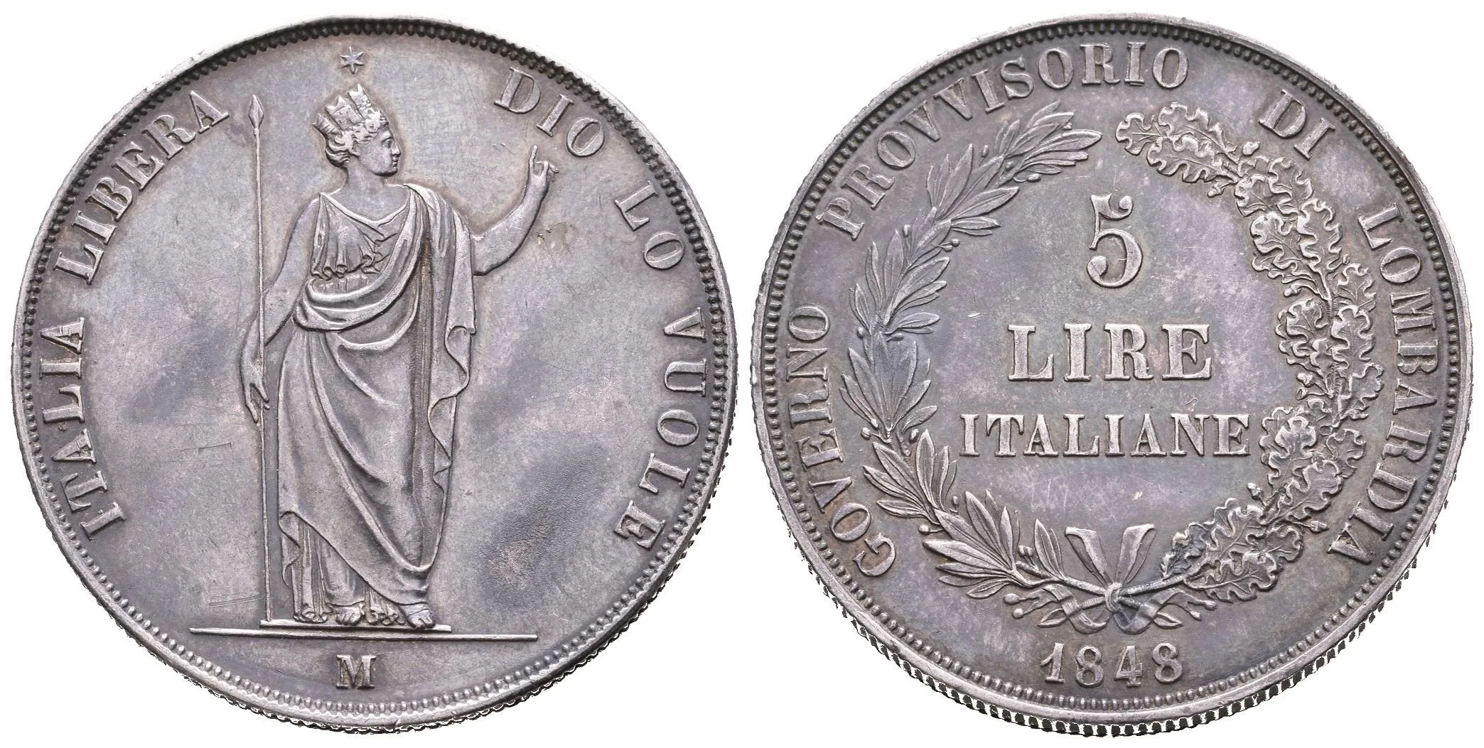 5 Lira 1848 M, Milano, dlouhé konce ratolestí, Ves.12c, KM.22.2, — 1