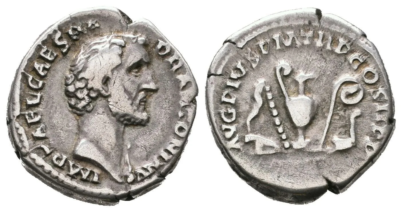 Denár, 139, Rv: AVG PIVS P M TR P COS II P P, nůž, kropenka, konev, — 1