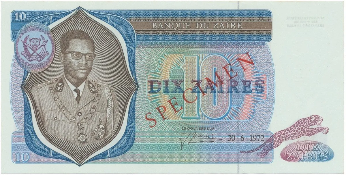 Zaire, 10 Zaires 1972, anulát - SPECIMEN, P.23s