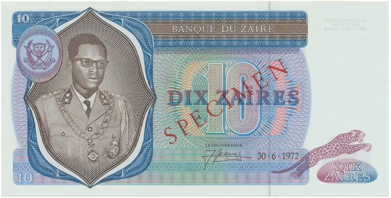 Zaire, 10 Zaires 1972, anulát - SPECIMEN, P.23s
