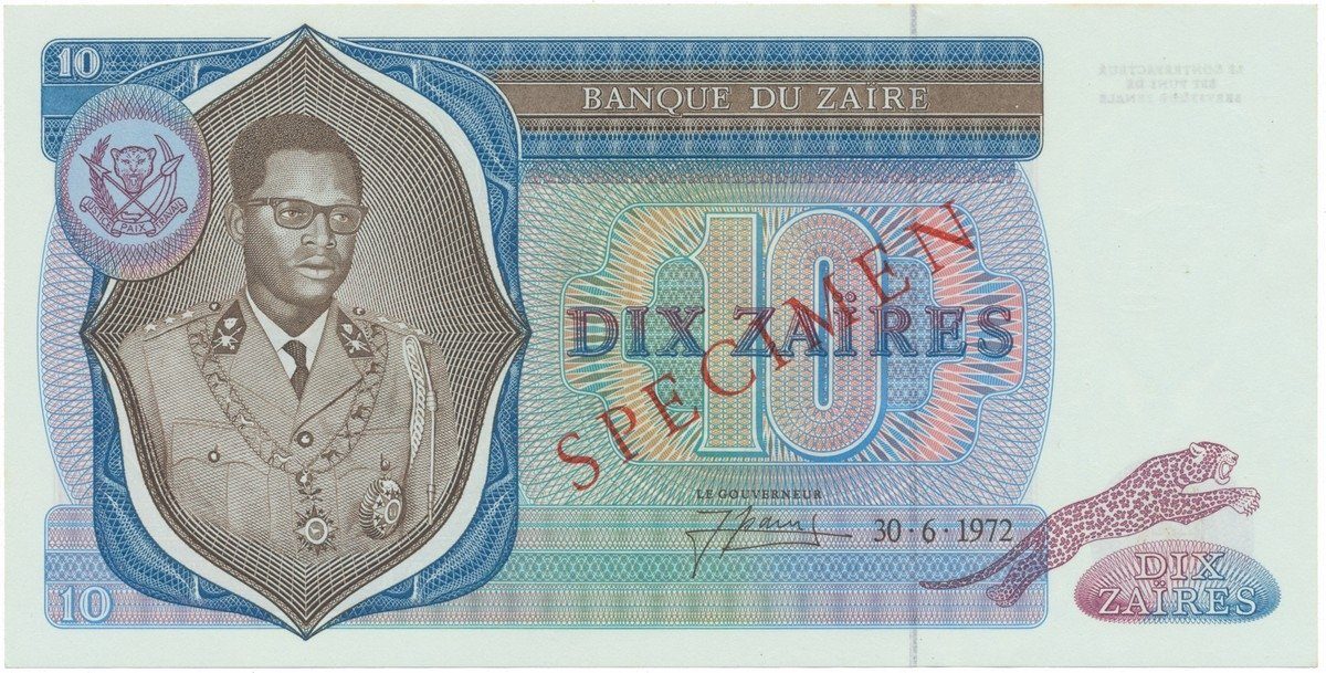 Zaire, 10 Zaires 1972, anulát - SPECIMEN, P.23s