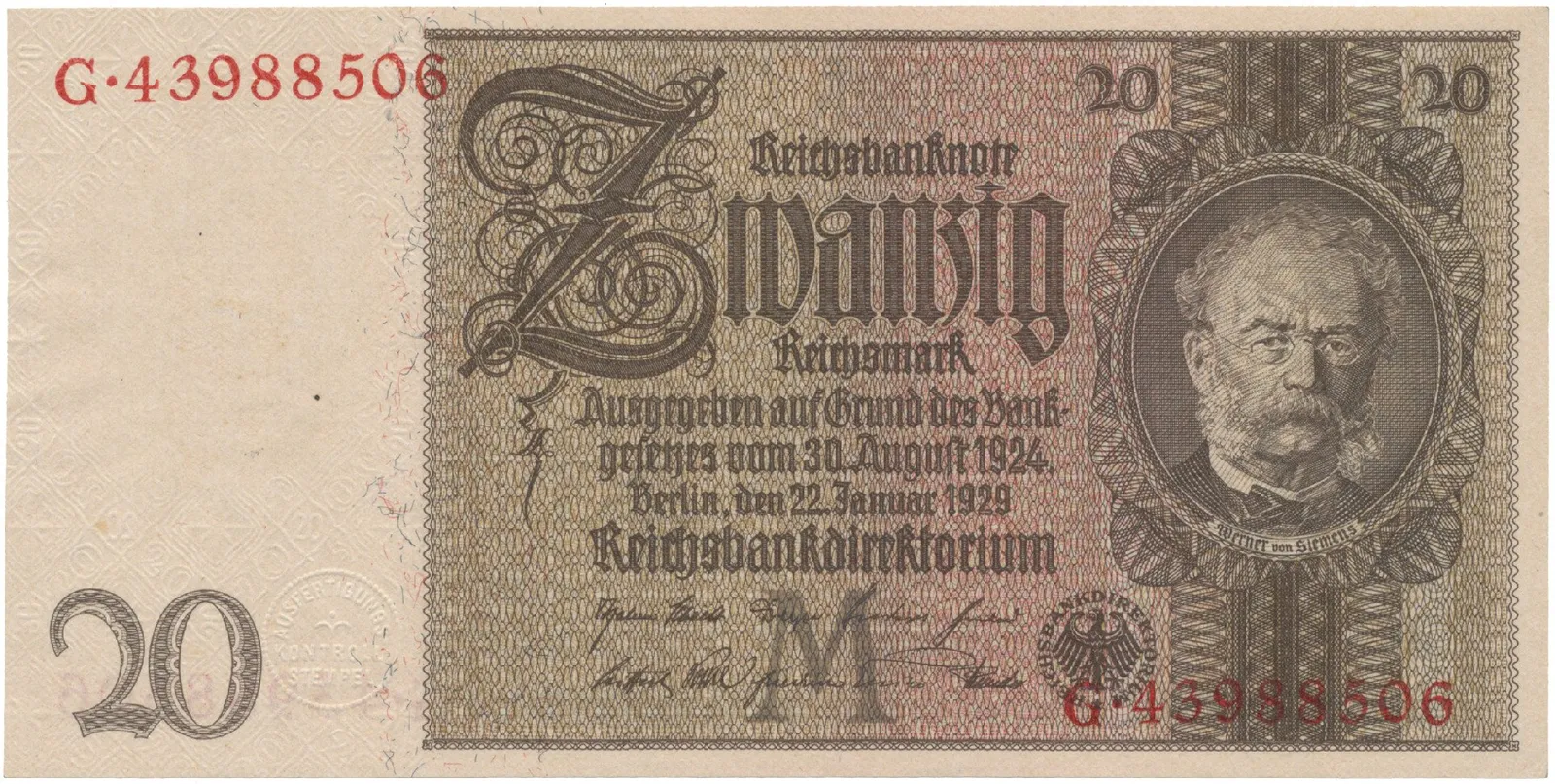Německo, 20 Reichsmark 1929, typ O/O, Hej.D3c