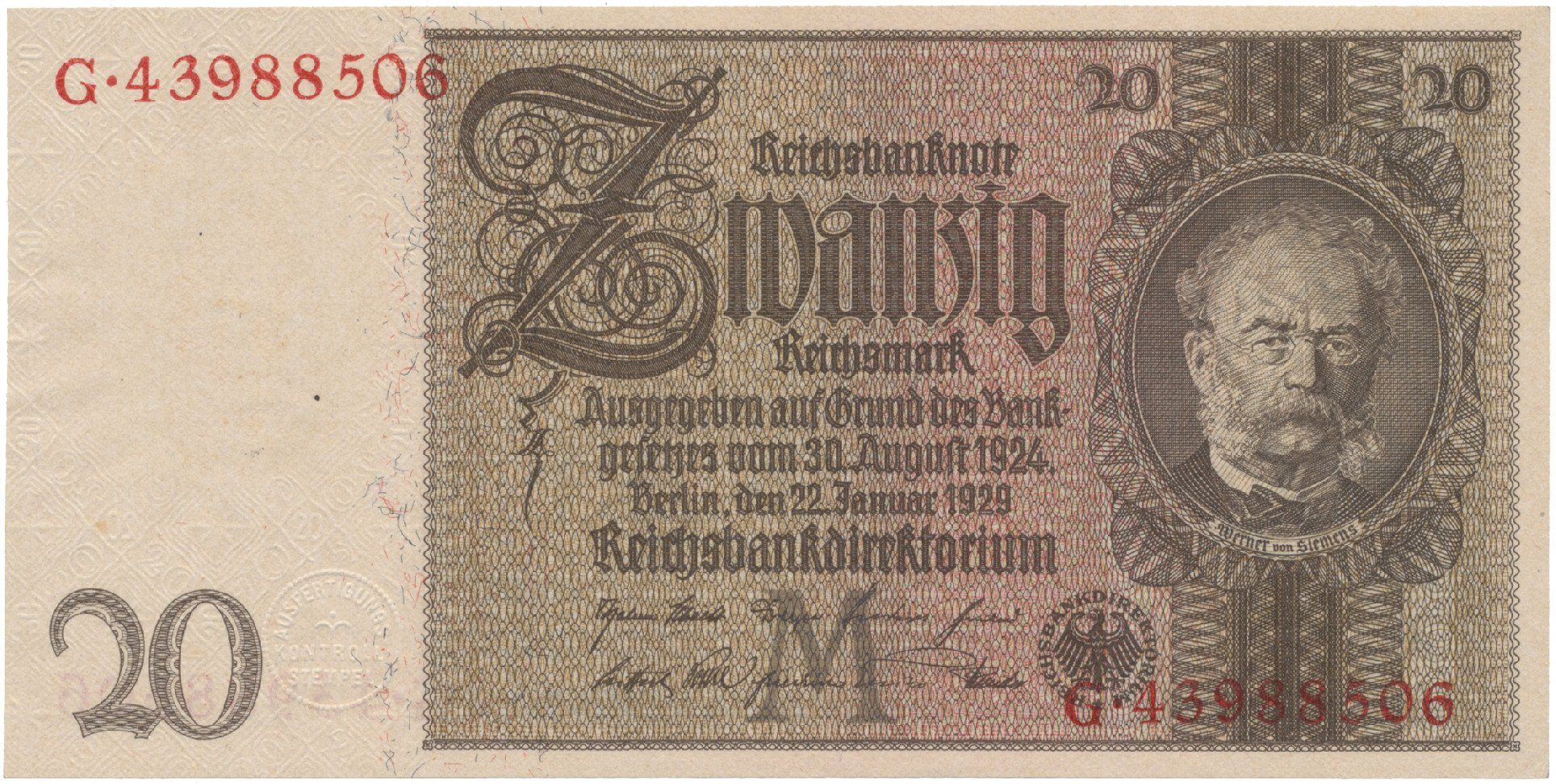 Německo, 20 Reichsmark 1929, typ O/O, Hej.D3c