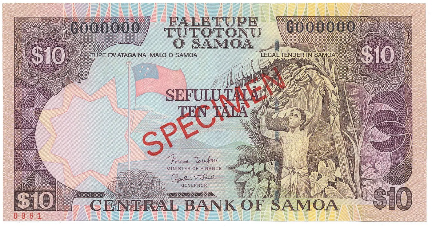 Samoa, 10 Tala (2002), bankovní vzor, G 000000, přetisk SPECIMEN, P.34bs