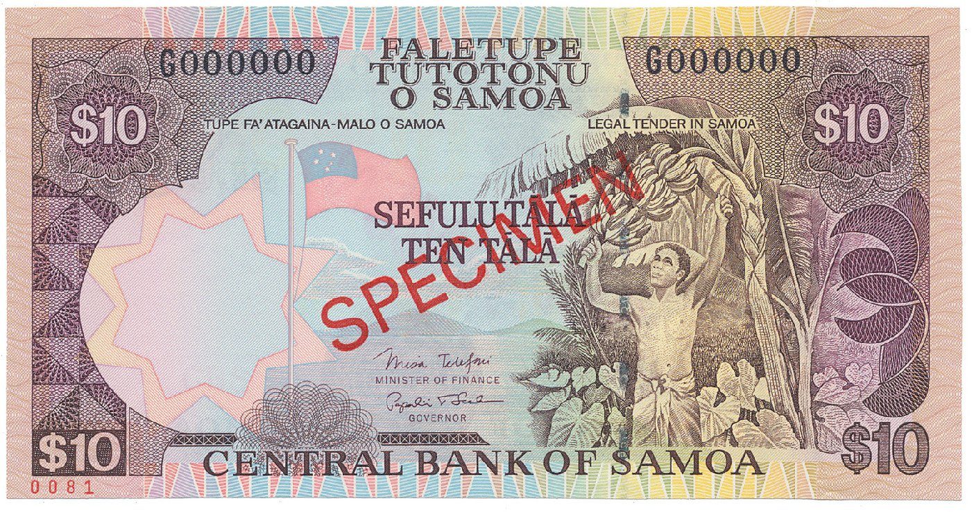 Samoa, 10 Tala (2002), bankovní vzor, G 000000, přetisk SPECIMEN, P.34bs
