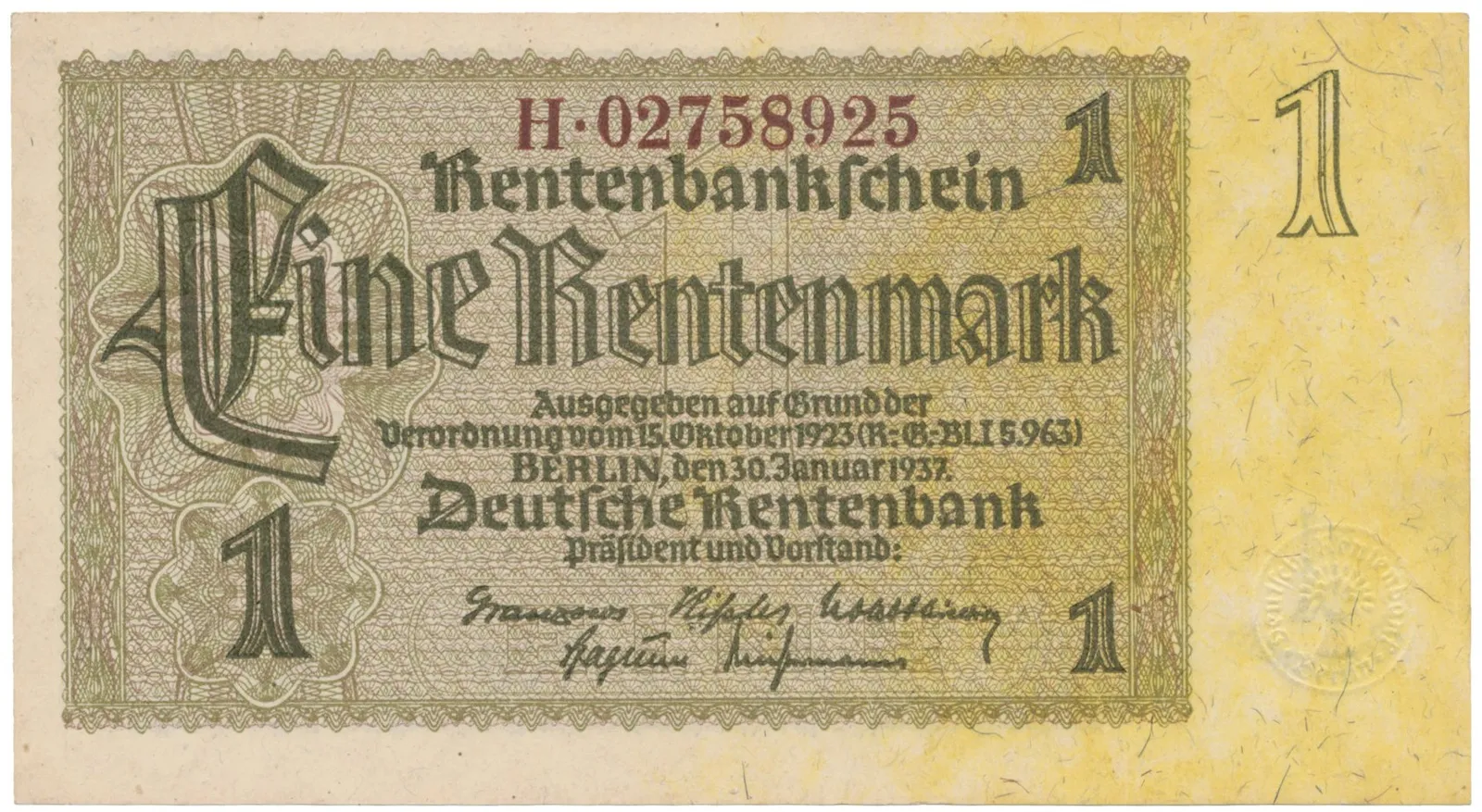 Německo, 1 Rentenmark 1937, hnědý firemní číslovač, Hej.D11c