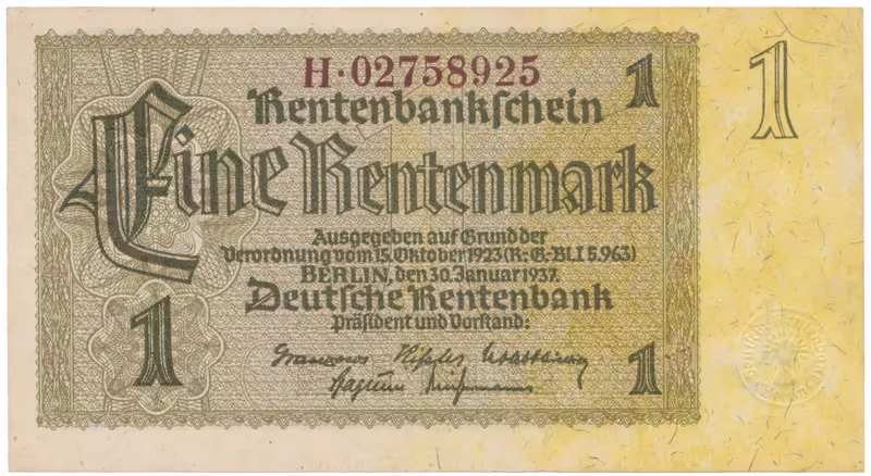 Německo, 1 Rentenmark 1937, hnědý firemní číslovač, Hej.D11c