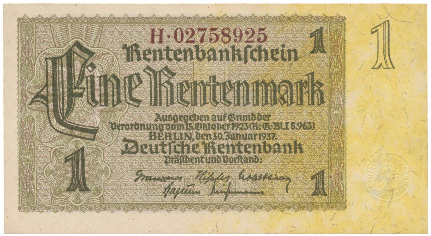 Německo, 1 Rentenmark 1937, hnědý firemní číslovač, Hej.D11c