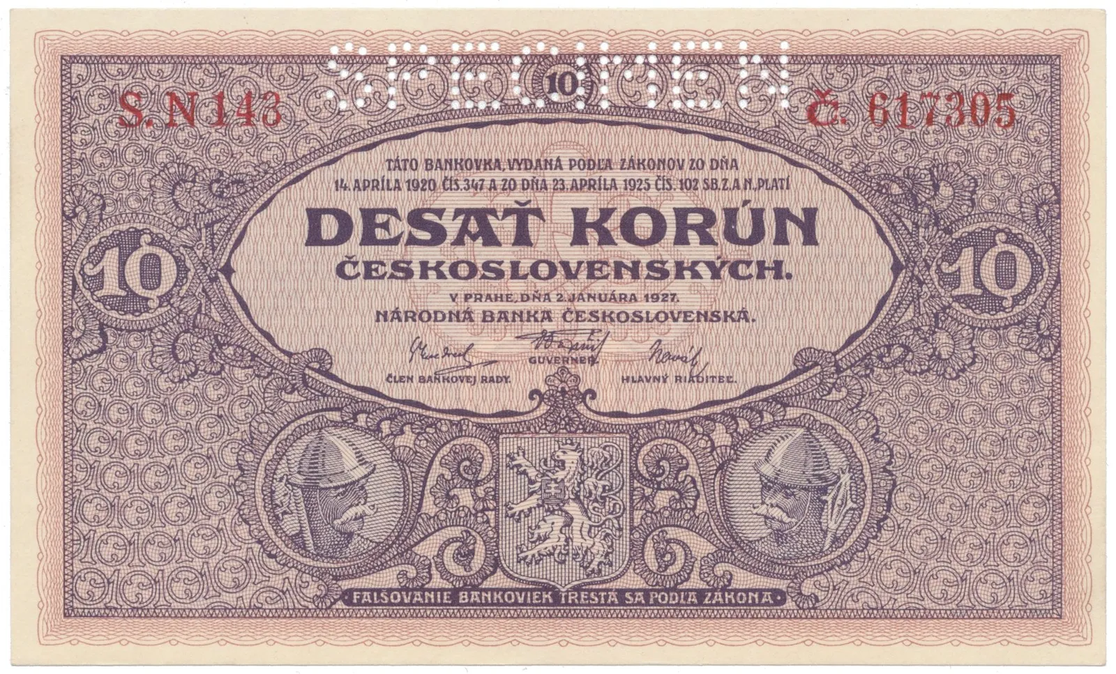 10 Koruna 1927, série N, SPECIMEN, Hej.22b.S1
