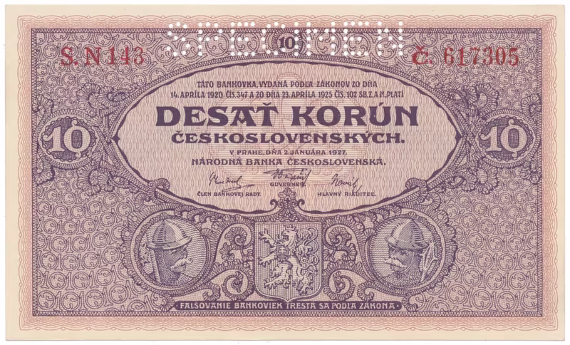 10 Koruna 1927, série N, SPECIMEN, Hej.22b.S1