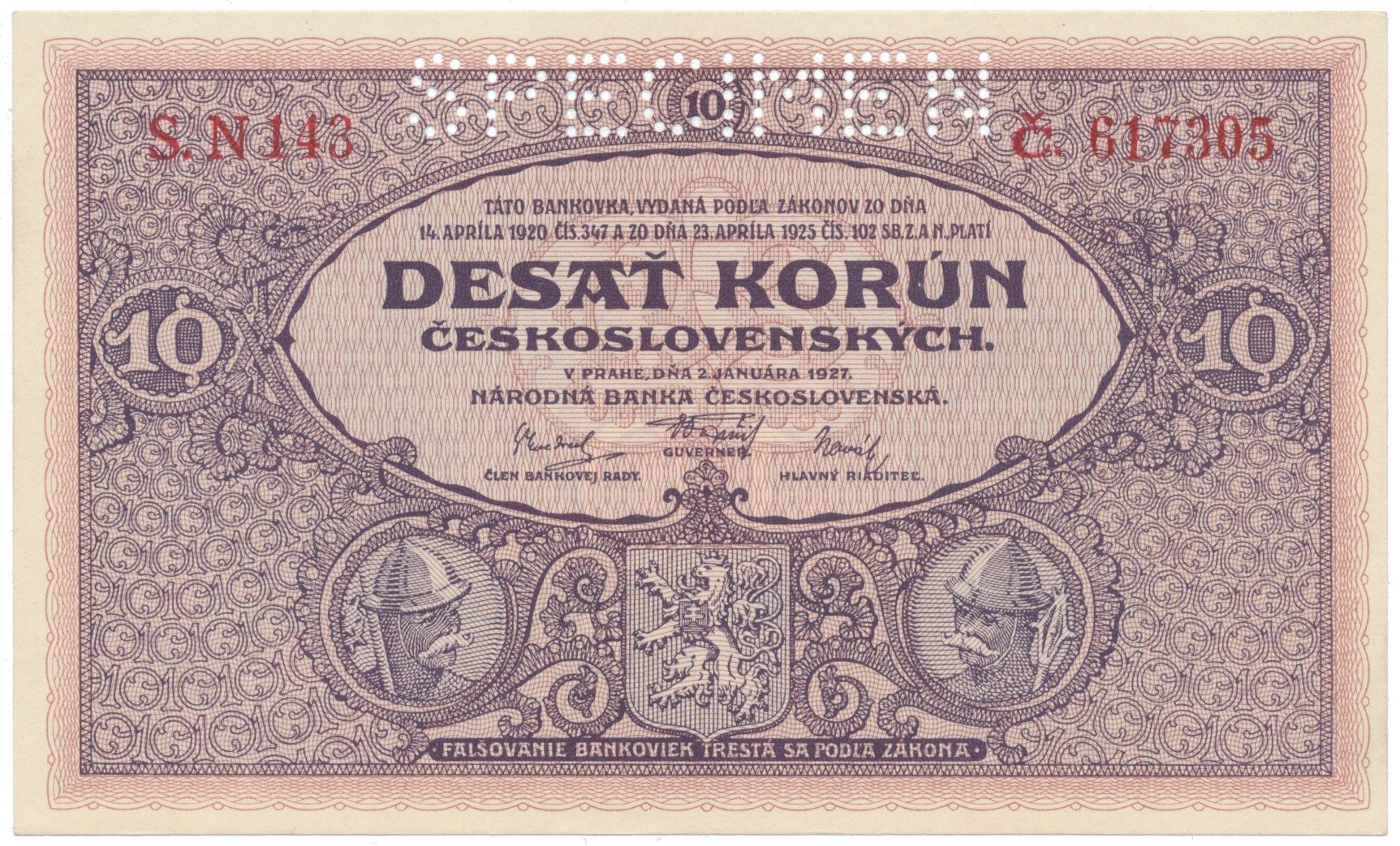 10 Koruna 1927, série N, SPECIMEN, Hej.22b.S1