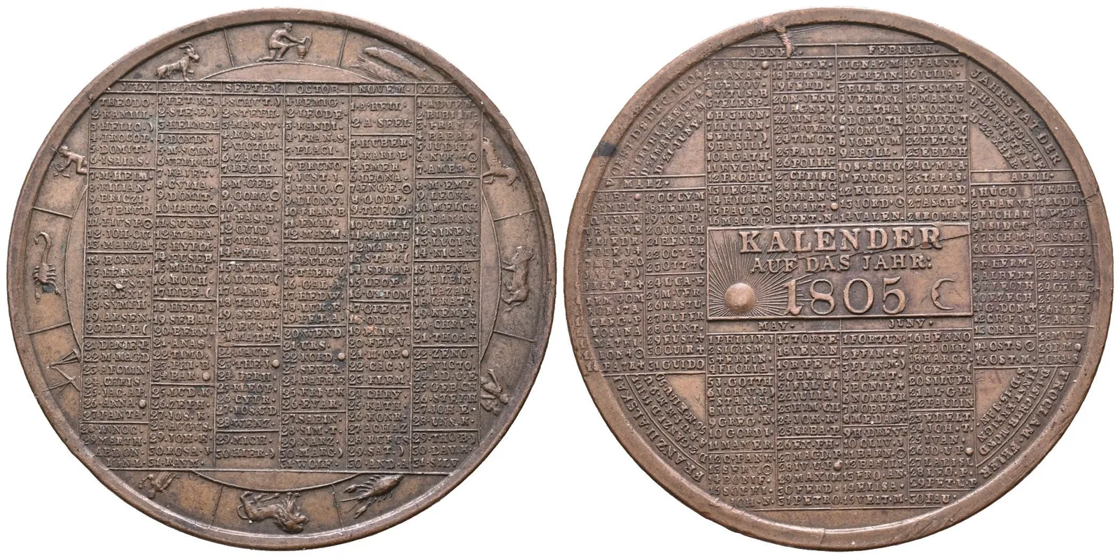 AE Medaile 1805 - Kalendářní. Uprostřed v obdélníku 3-řádkový nápis, okolo v řádcích — 1