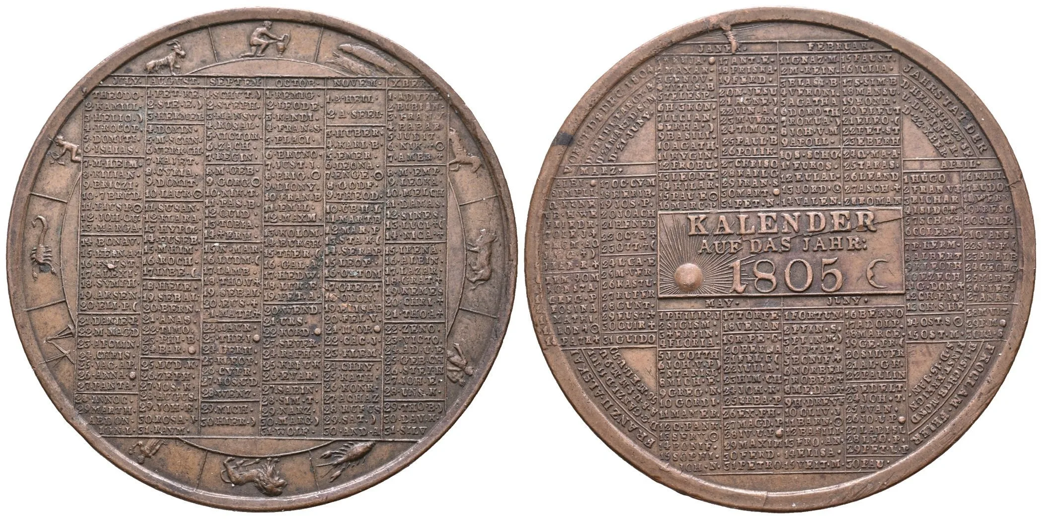 AE Medaile 1805 - Kalendářní. Uprostřed v obdélníku 3-řádkový nápis, okolo v řádcích — 1