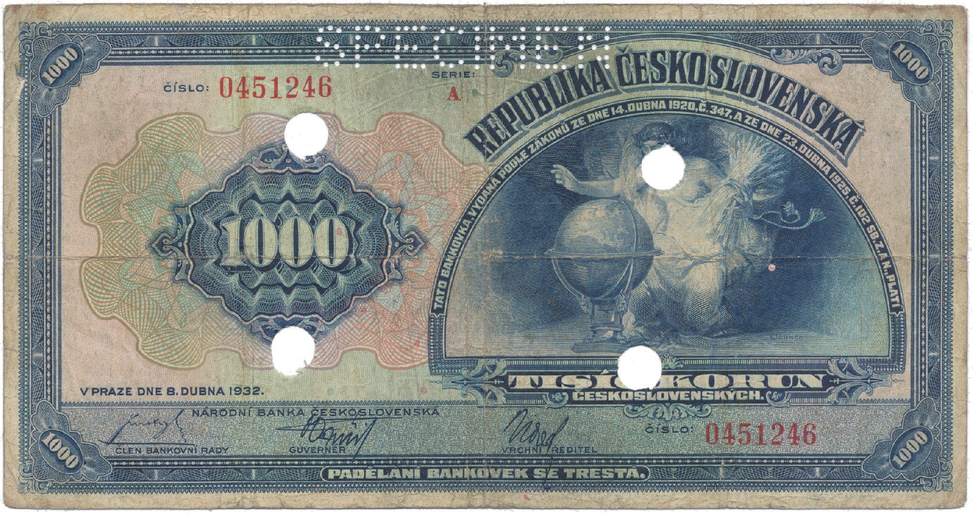 1000 Koruna 1932, série A, SPECIMEN + skatrační otvory, Hej.26a.S5