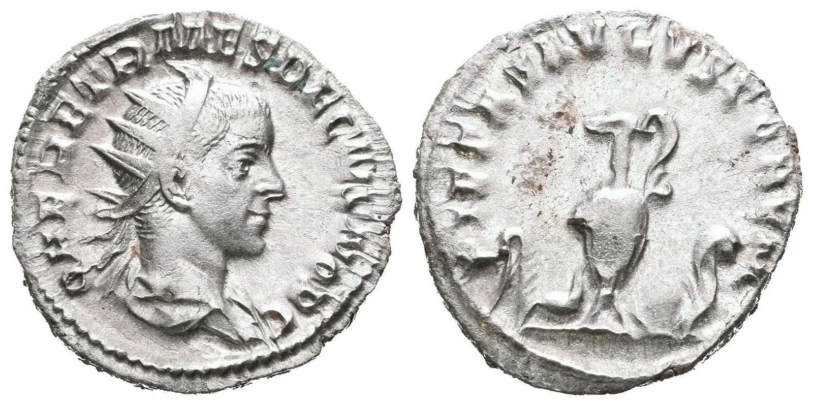 Antoninian, Rv: PIETAS AVGVSTORVM, aspergillum, simpulum, konvice, štít — 1