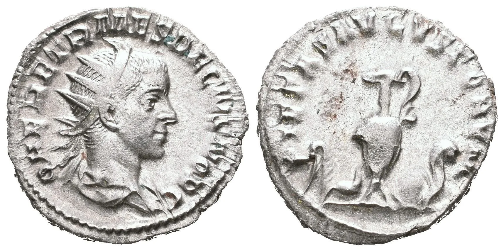 Antoninian, Rv: PIETAS AVGVSTORVM, aspergillum, simpulum, konvice, štít — 1
