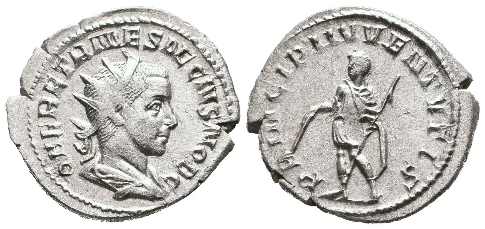 Antoninian, Rv: PRINCIPI IVVENTVTIS, Herennius ve vojenském oděvu zleva drží — 1