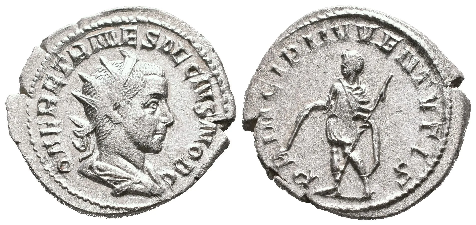 Antoninian, Rv: PRINCIPI IVVENTVTIS, Herennius ve vojenském oděvu zleva drží — 1
