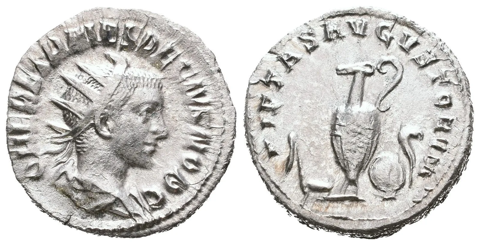 Antoninian, Rv: PIETAS AVGVSTORVM, aspergillum, simpulum, konvice, štít — 1