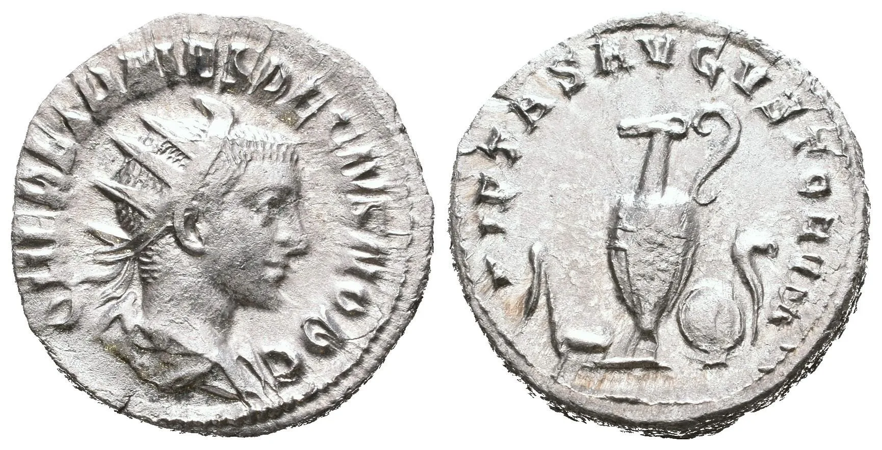 Antoninian, Rv: PIETAS AVGVSTORVM, aspergillum, simpulum, konvice, štít — 1