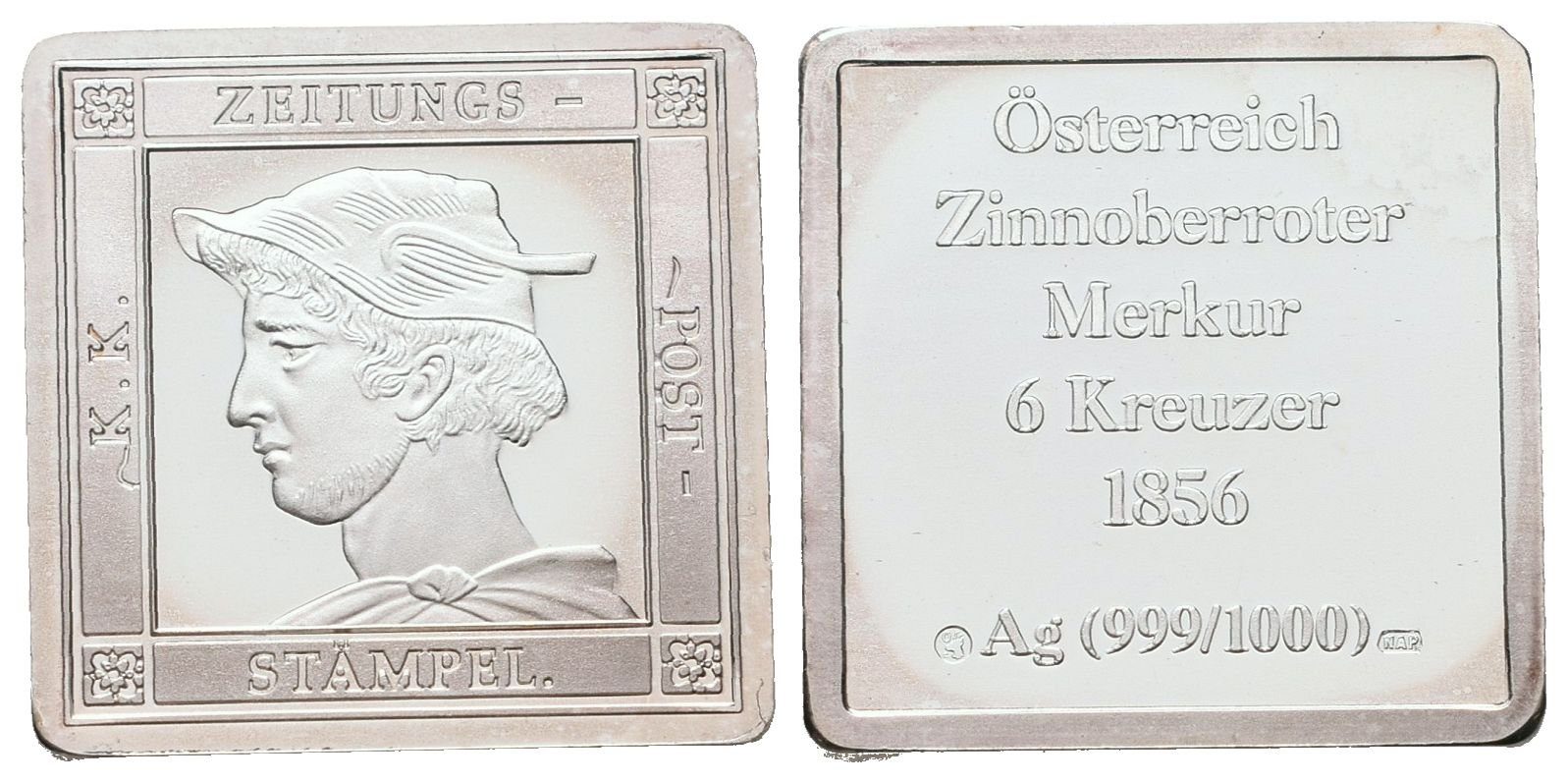 Stříbrná známka - Rakousko Uhersko - 6 Kreuzer Merkur - 1856 -Ag 5g 999/1000