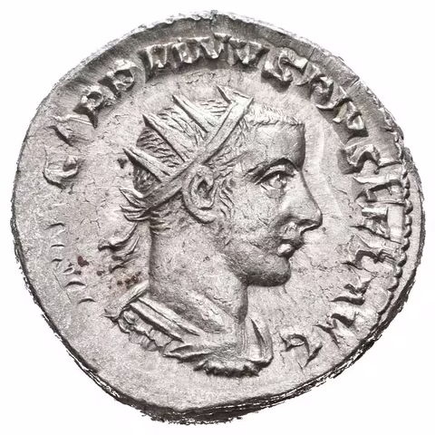 Antoninian, Antiochia, 242 - 244, Rv: ORIENS AVG, stojící Sol zleva
