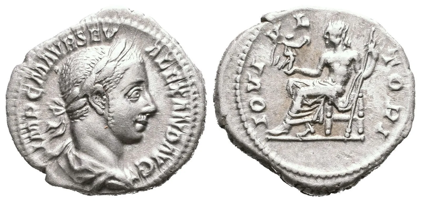 Denár, 222 - 228, Rv: IOVI VLTORI, sedící Jupiter zleva drží Victorii a oštěp, RIC.143, — 1