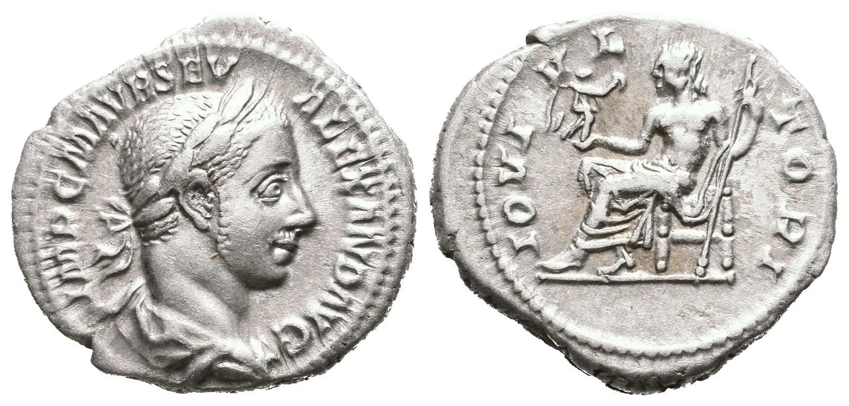 Denár, 222 - 228, Rv: IOVI VLTORI, sedící Jupiter zleva drží Victorii a oštěp, RIC.143, — 1