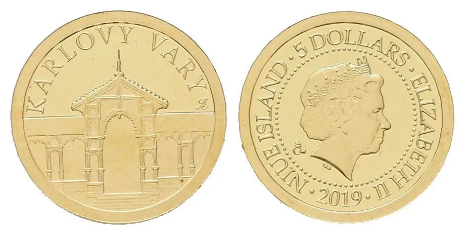 Zlatá mince Karlovy Vary - dobová pohlednice