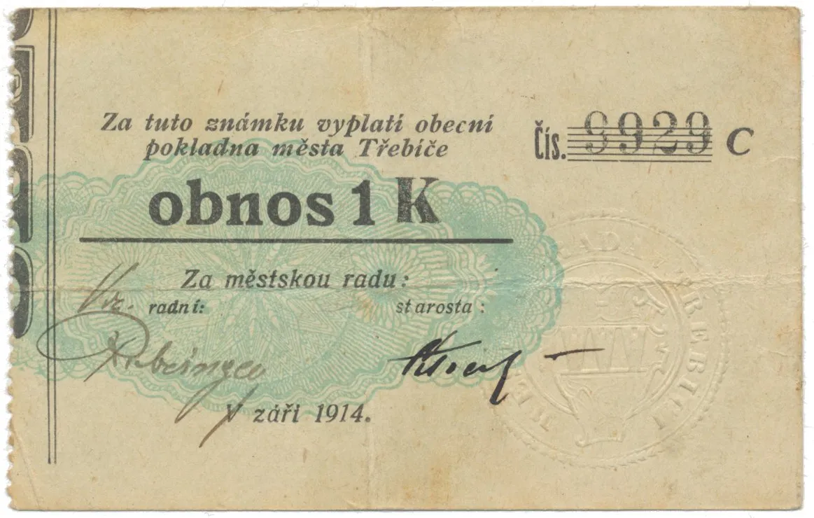 Třebíč - město, 1 K září 1914, slabší K, ručně "Vz", HH.223.5.10s2
