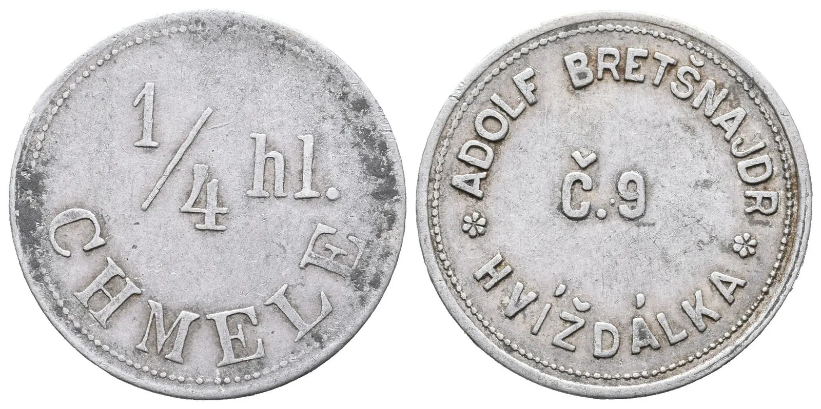 Hvížďalka - Adolf Bretšnajdr č.9, známka na věrtel chmele. Al 25 mm — 1
