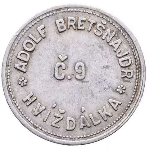 Hvížďalka - Adolf Bretšnajdr č.9, známka na věrtel chmele. Al 25 mm