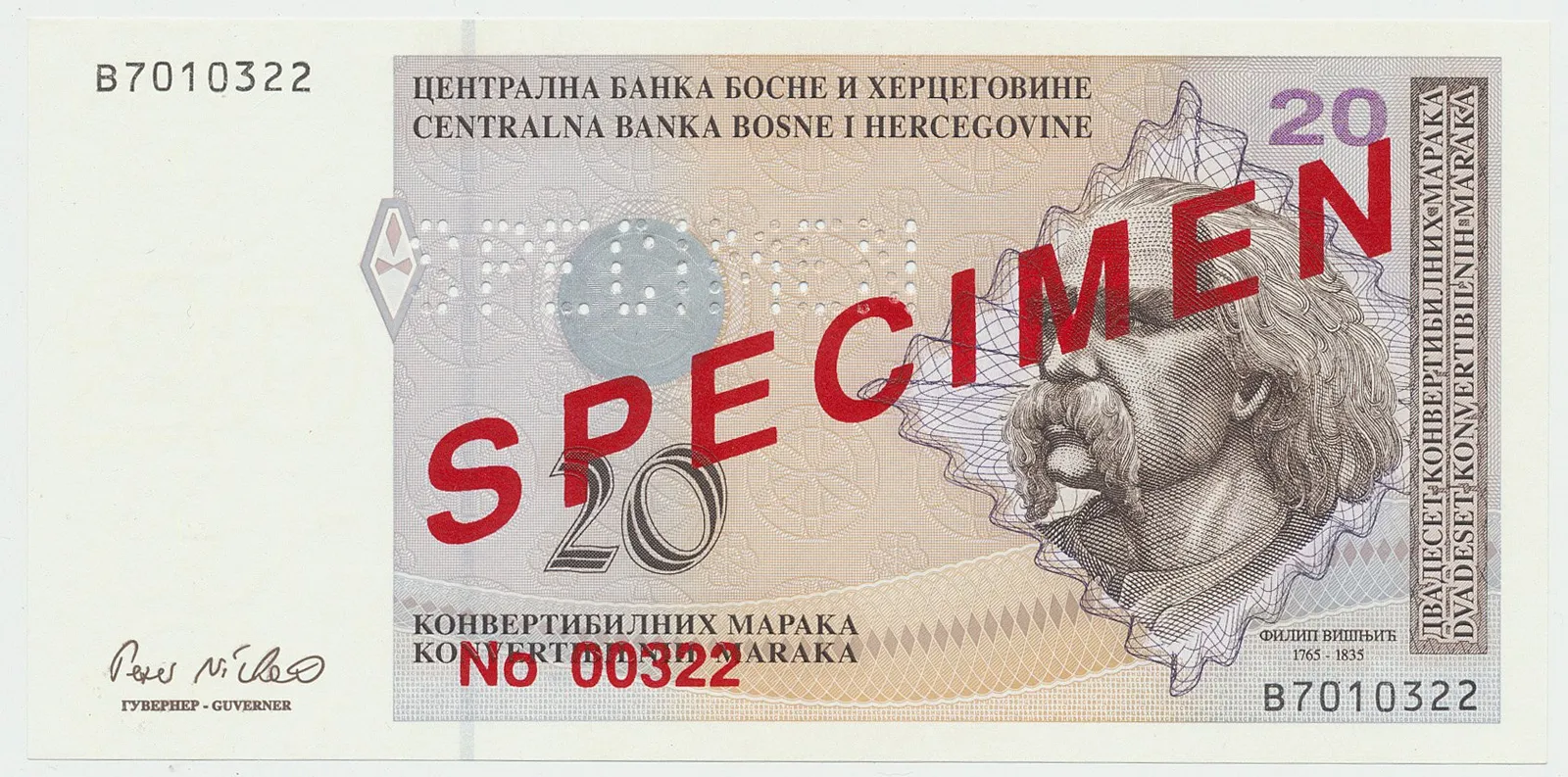 Bosna a Hercegovina, 20 Konvert. Marka (1998), anulát - SPECIMEN, P.66s