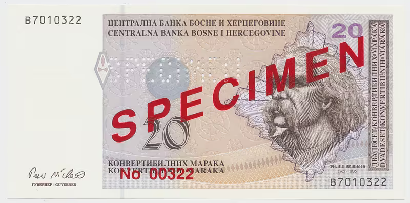 Bosna a Hercegovina, 20 Konvert. Marka (1998), anulát - SPECIMEN, P.66s