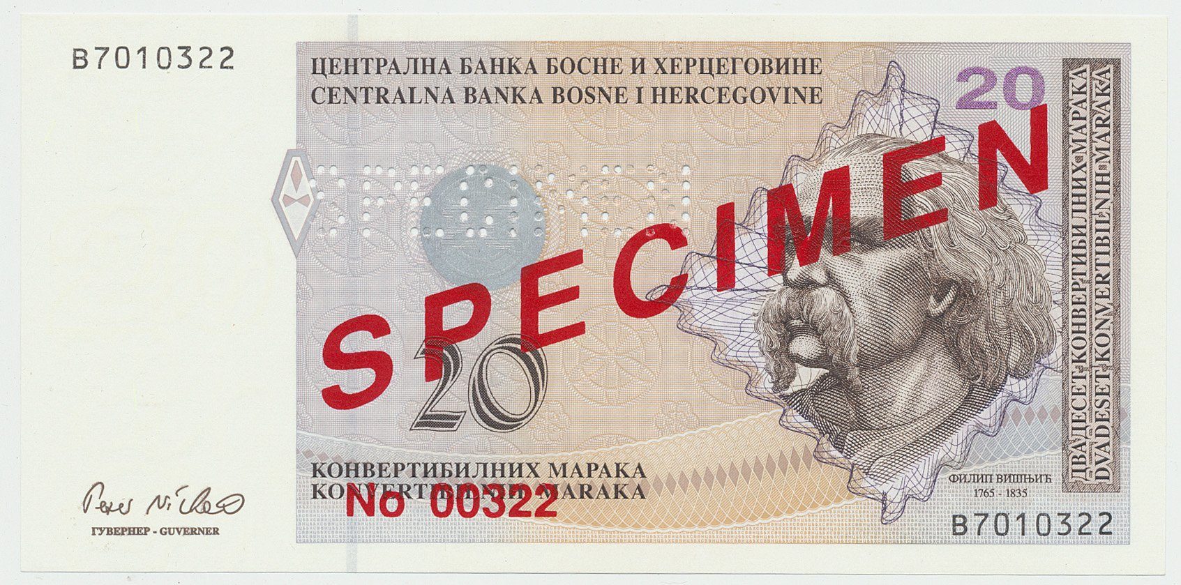 Bosna a Hercegovina, 20 Konvert. Marka (1998), anulát - SPECIMEN, P.66s