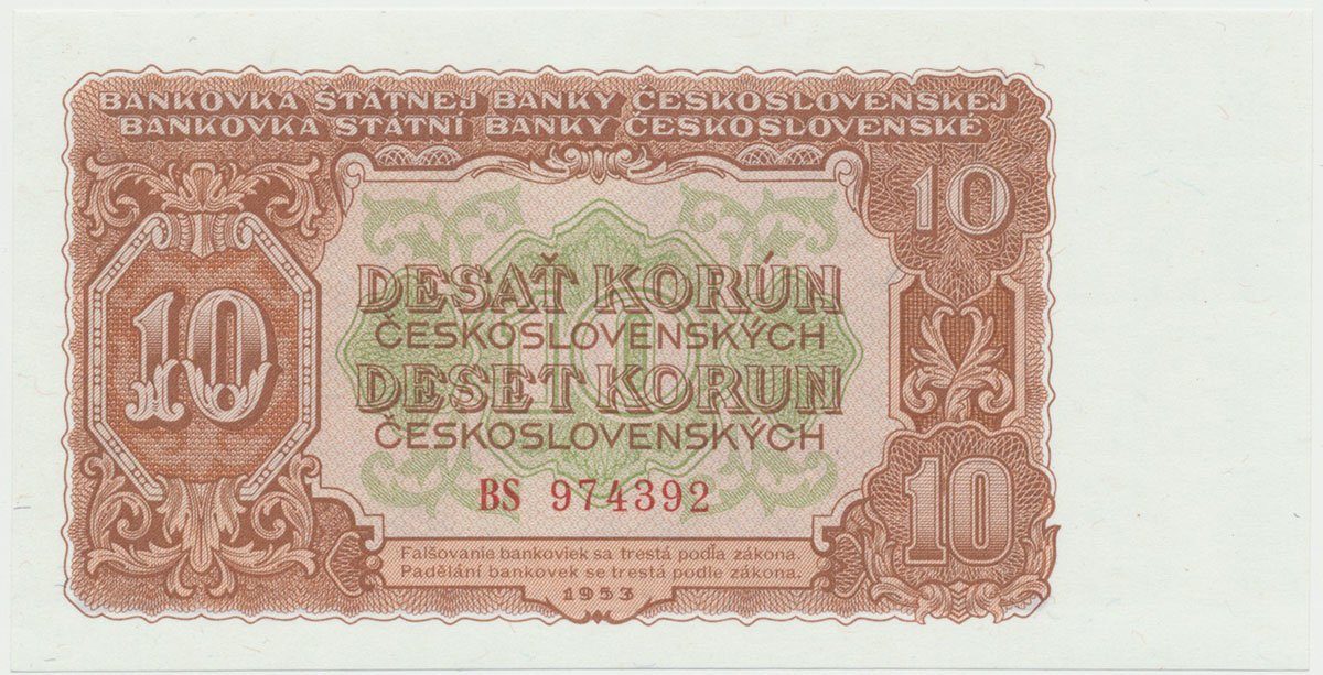 Československo, 10 Koruna 1953, tisk Moskva, série BS, Hej.92a1