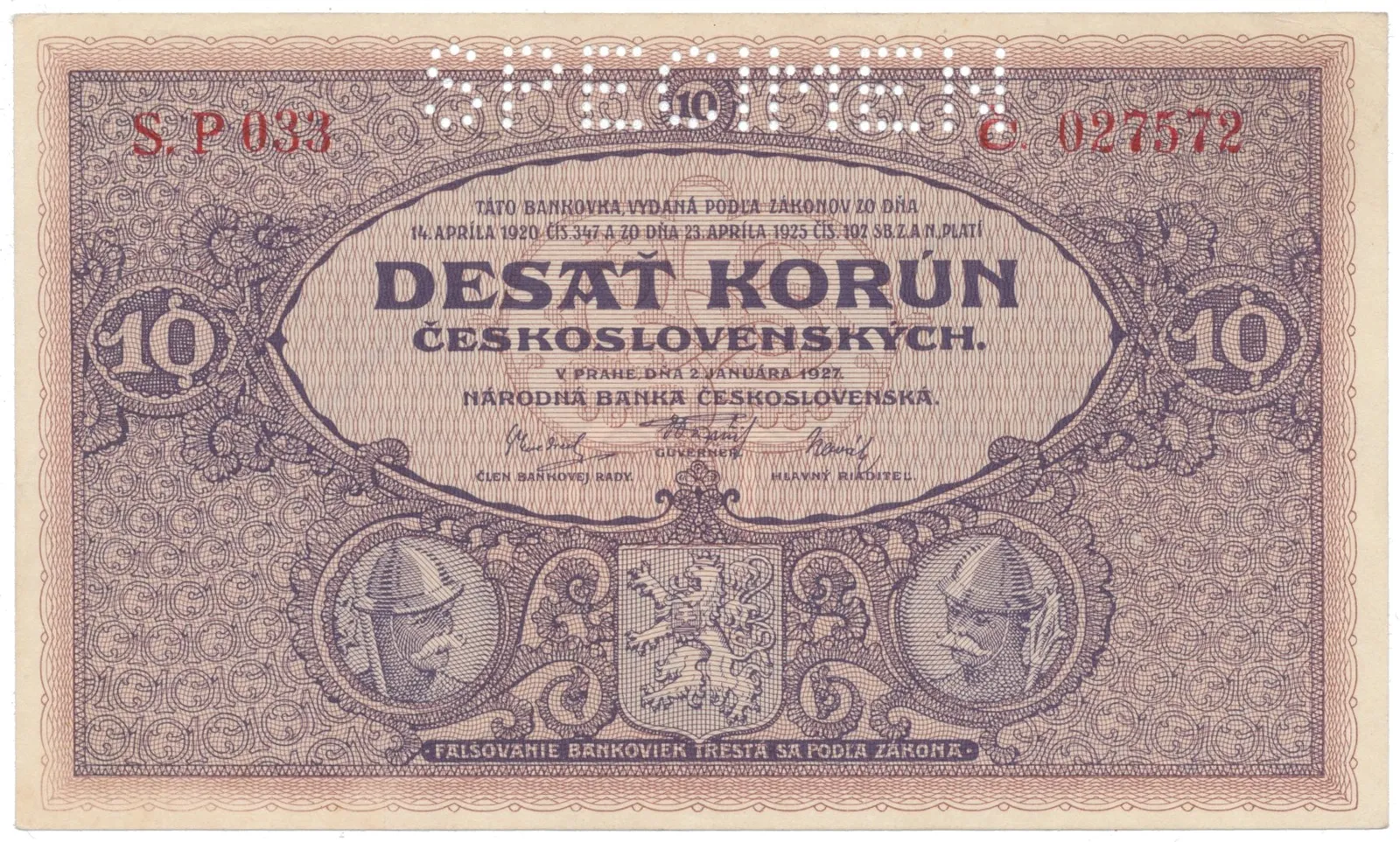 10 Koruna 1927, série P 033, SPECIMEN, Hej.22a.S1