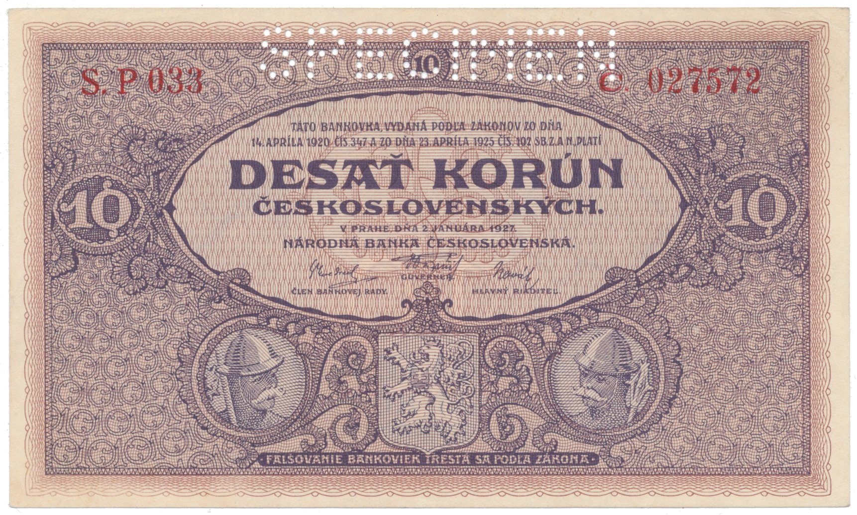 10 Koruna 1927, série P 033, SPECIMEN, Hej.22a.S1
