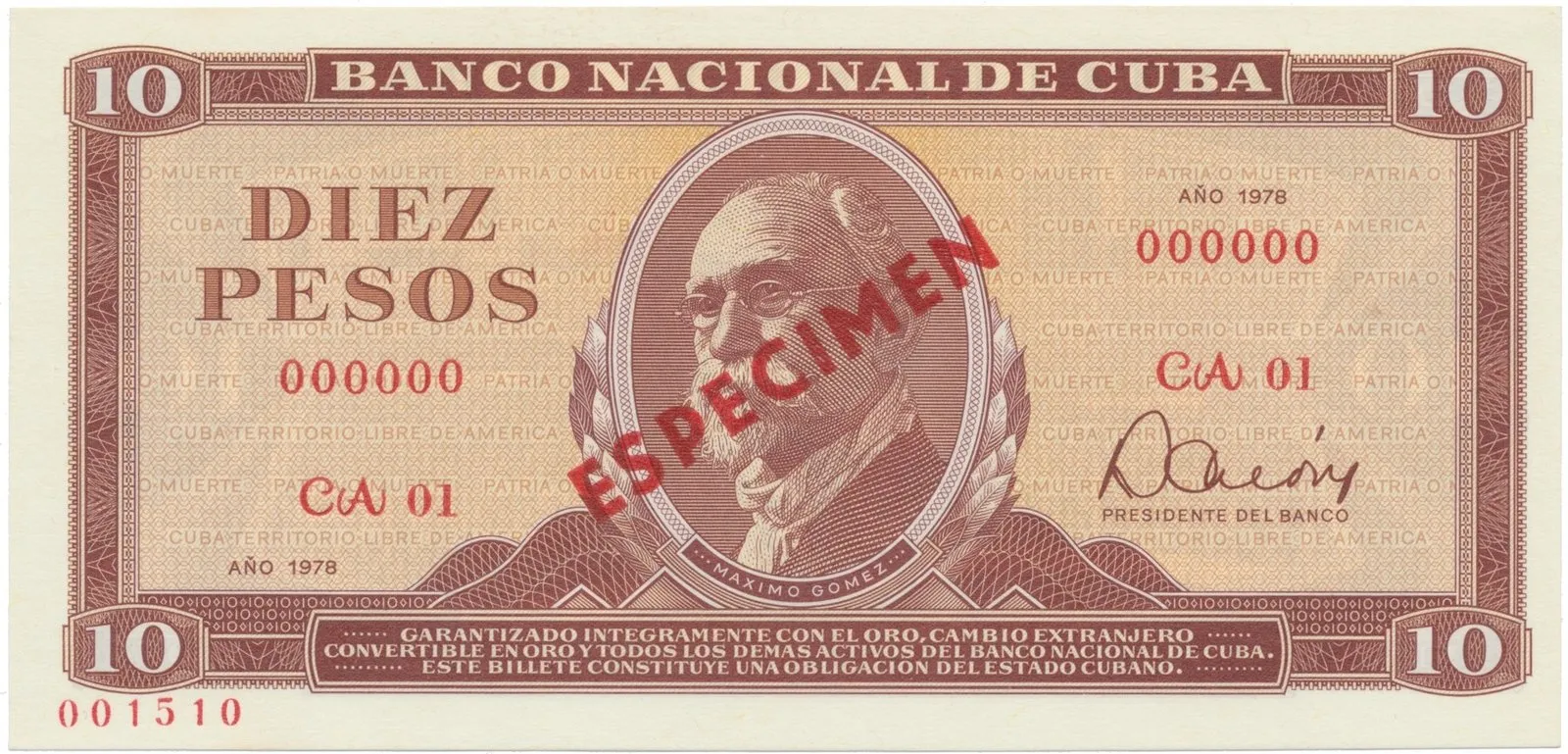 Kuba, 10 Pesos 1978, tisk STC Praha, anulát - ESPECIMEN, bankovní vzor, P.104bs